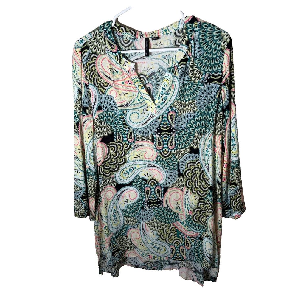 New Directions Blouse Women's Large Colorful Floral Tunic V-Neck Artsy Shirt
